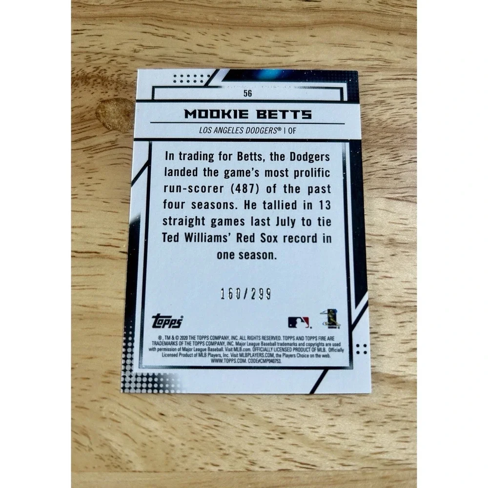 Topps 2020 Fire Mookie Betts Orange #56 Los Angeles Dodgers 160/299